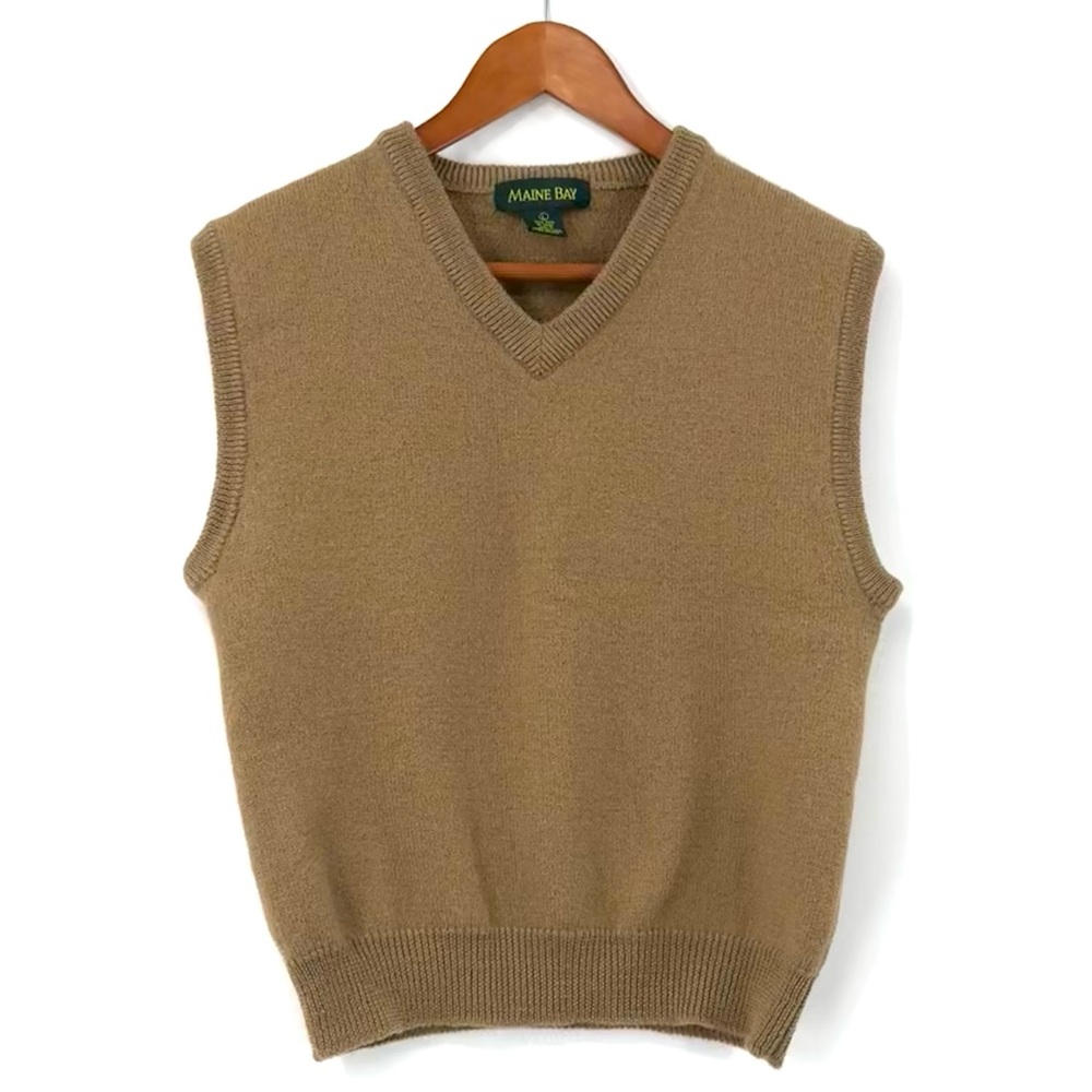 Maine Bay Camel 100% Wool Knit V-neck Sweater Vest